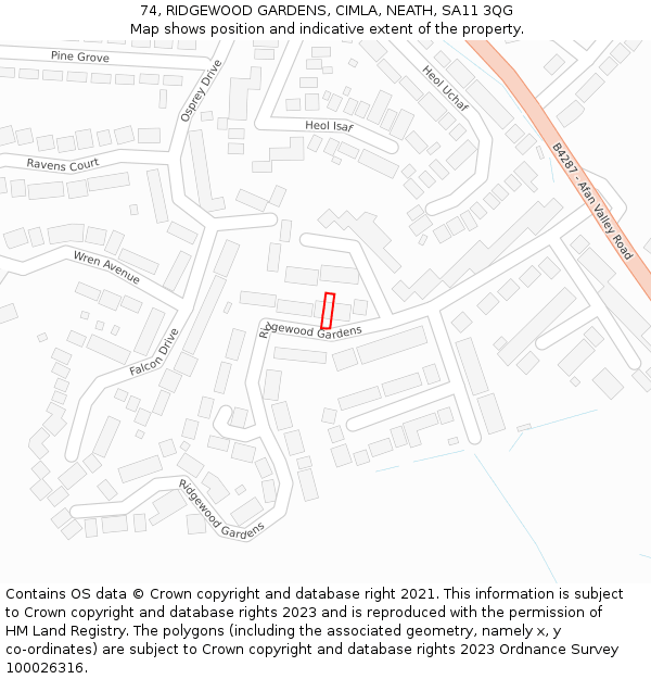 74, RIDGEWOOD GARDENS, CIMLA, NEATH, SA11 3QG: Location map and indicative extent of plot