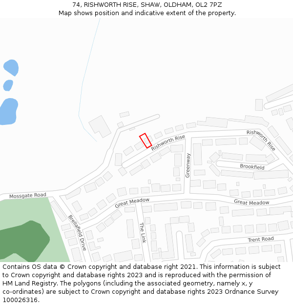 74, RISHWORTH RISE, SHAW, OLDHAM, OL2 7PZ: Location map and indicative extent of plot