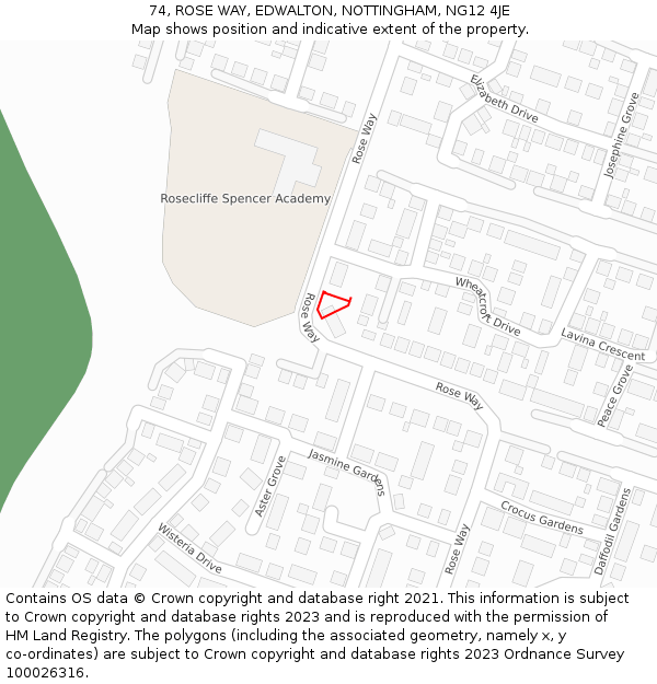 74, ROSE WAY, EDWALTON, NOTTINGHAM, NG12 4JE: Location map and indicative extent of plot