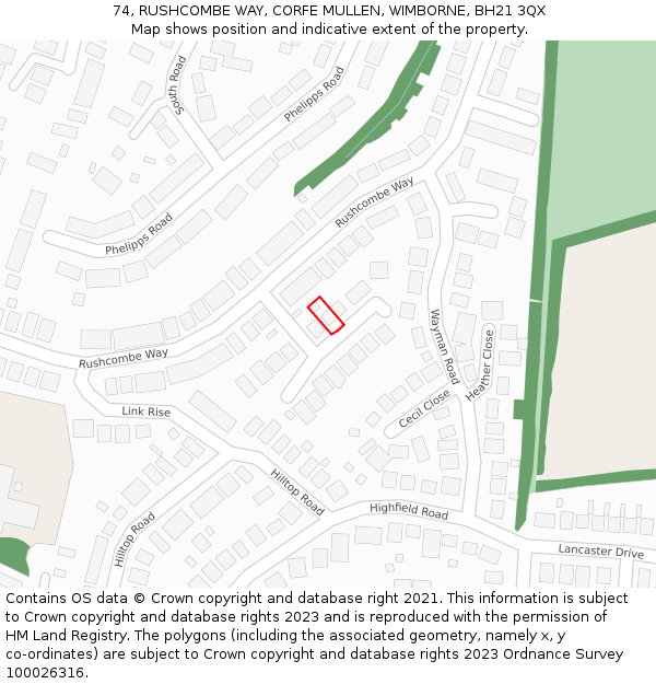 74, RUSHCOMBE WAY, CORFE MULLEN, WIMBORNE, BH21 3QX: Location map and indicative extent of plot