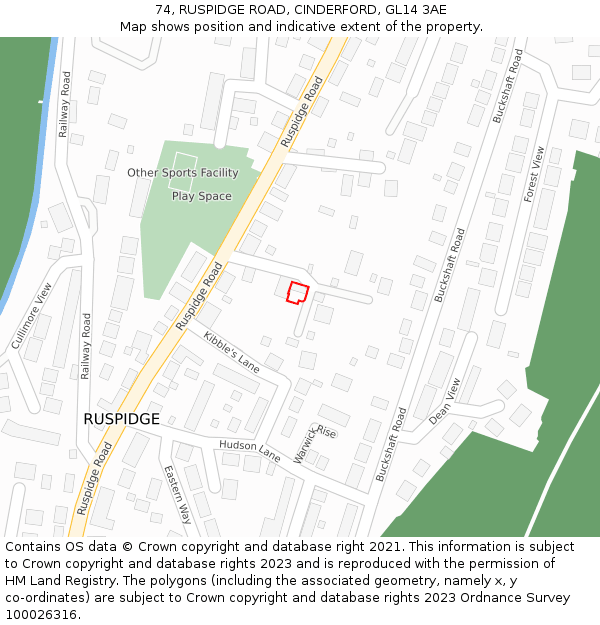 74, RUSPIDGE ROAD, CINDERFORD, GL14 3AE: Location map and indicative extent of plot