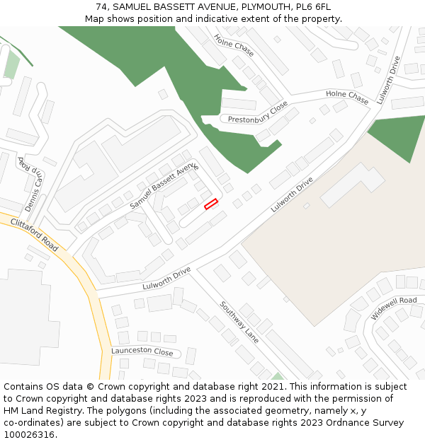 74, SAMUEL BASSETT AVENUE, PLYMOUTH, PL6 6FL: Location map and indicative extent of plot