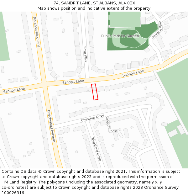 74, SANDPIT LANE, ST ALBANS, AL4 0BX: Location map and indicative extent of plot