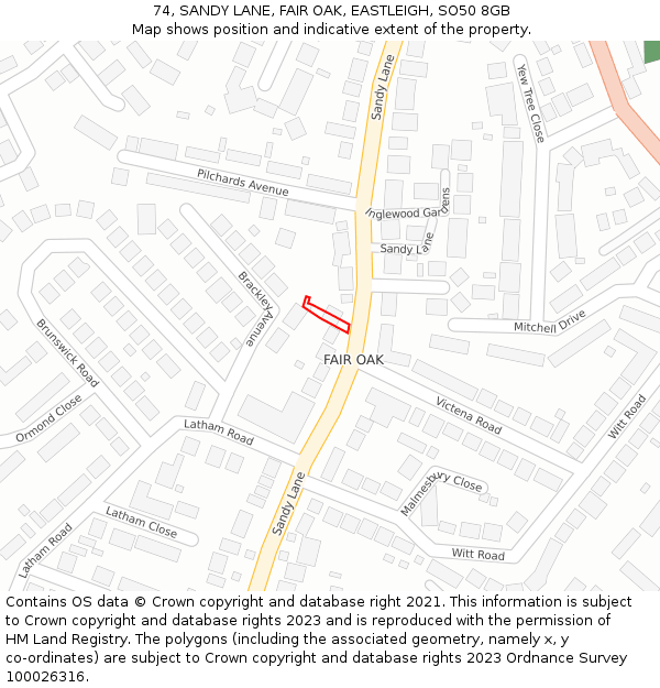 74, SANDY LANE, FAIR OAK, EASTLEIGH, SO50 8GB: Location map and indicative extent of plot