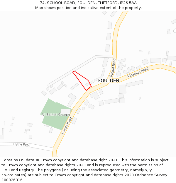 74, SCHOOL ROAD, FOULDEN, THETFORD, IP26 5AA: Location map and indicative extent of plot