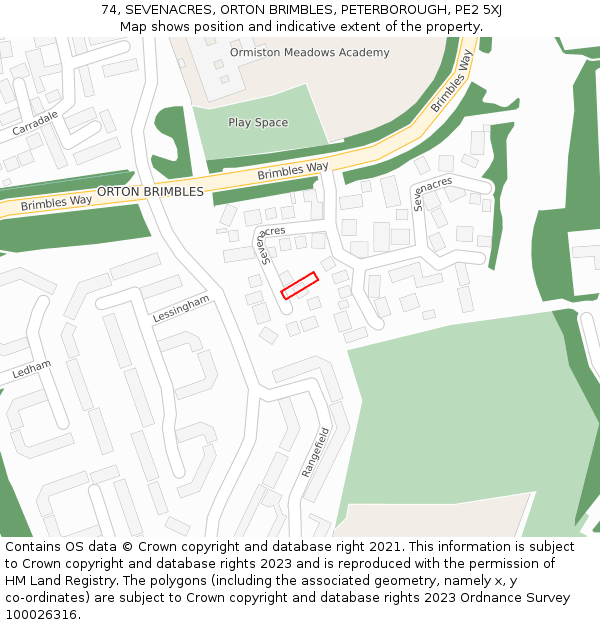 74, SEVENACRES, ORTON BRIMBLES, PETERBOROUGH, PE2 5XJ: Location map and indicative extent of plot