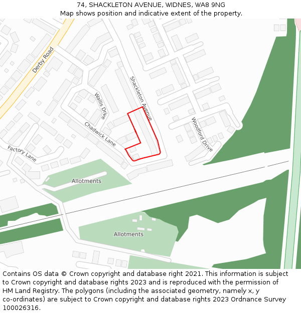 74, SHACKLETON AVENUE, WIDNES, WA8 9NG: Location map and indicative extent of plot