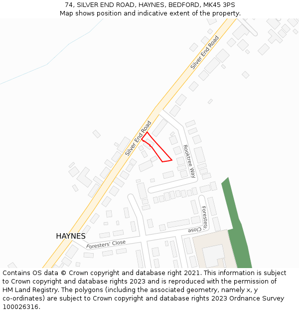 74, SILVER END ROAD, HAYNES, BEDFORD, MK45 3PS: Location map and indicative extent of plot