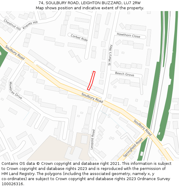 74, SOULBURY ROAD, LEIGHTON BUZZARD, LU7 2RW: Location map and indicative extent of plot