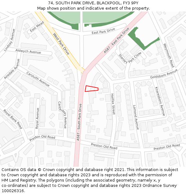 74, SOUTH PARK DRIVE, BLACKPOOL, FY3 9PY: Location map and indicative extent of plot