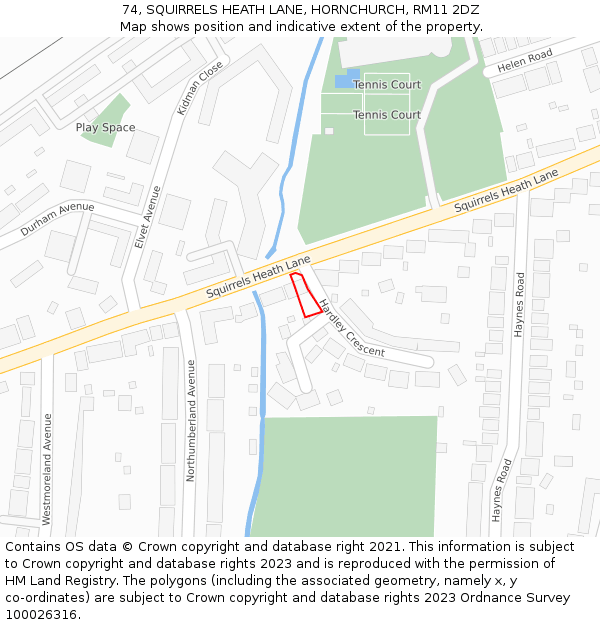 74, SQUIRRELS HEATH LANE, HORNCHURCH, RM11 2DZ: Location map and indicative extent of plot