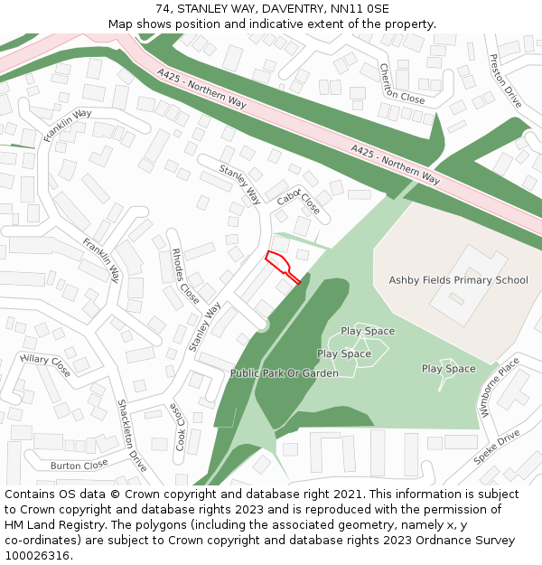 74, STANLEY WAY, DAVENTRY, NN11 0SE: Location map and indicative extent of plot