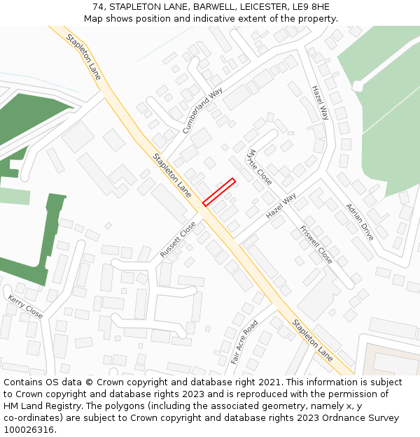 74, STAPLETON LANE, BARWELL, LEICESTER, LE9 8HE: Location map and indicative extent of plot