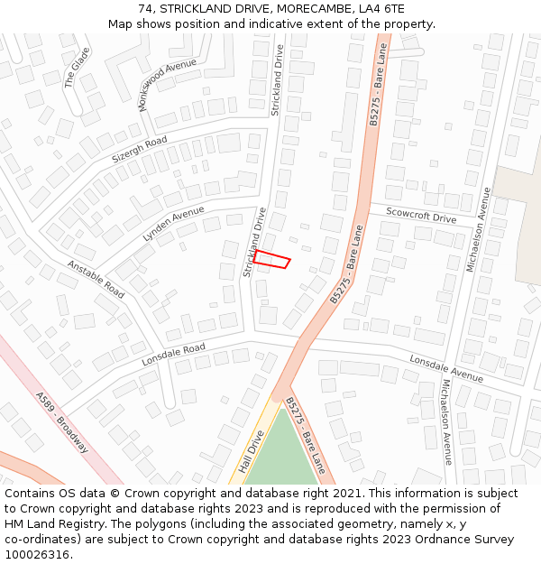 74, STRICKLAND DRIVE, MORECAMBE, LA4 6TE: Location map and indicative extent of plot