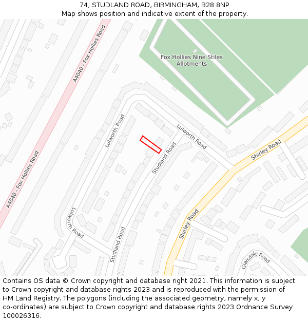 74, STUDLAND ROAD, BIRMINGHAM, B28 8NP: Location map and indicative extent of plot