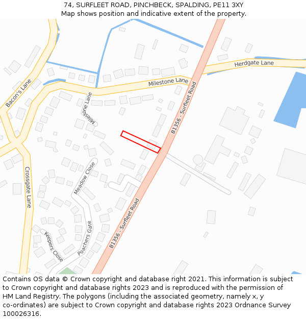 74, SURFLEET ROAD, PINCHBECK, SPALDING, PE11 3XY: Location map and indicative extent of plot