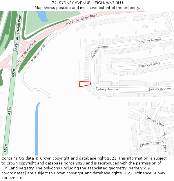 74, SYDNEY AVENUE, LEIGH, WN7 3LU: Location map and indicative extent of plot