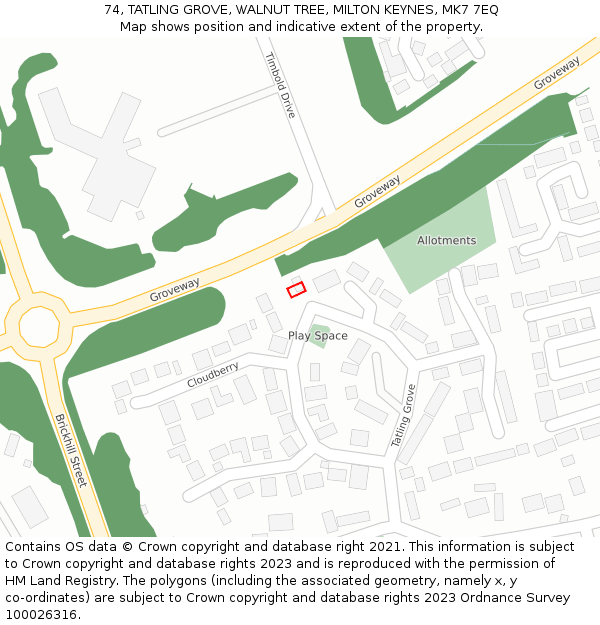 74, TATLING GROVE, WALNUT TREE, MILTON KEYNES, MK7 7EQ: Location map and indicative extent of plot