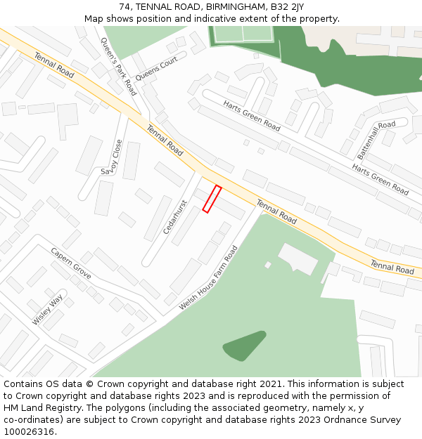 74, TENNAL ROAD, BIRMINGHAM, B32 2JY: Location map and indicative extent of plot