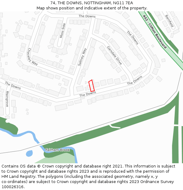 74, THE DOWNS, NOTTINGHAM, NG11 7EA: Location map and indicative extent of plot