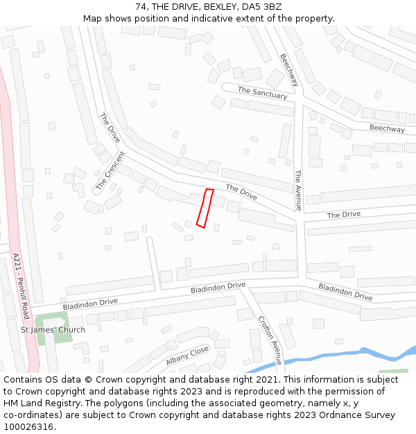 74, THE DRIVE, BEXLEY, DA5 3BZ: Location map and indicative extent of plot