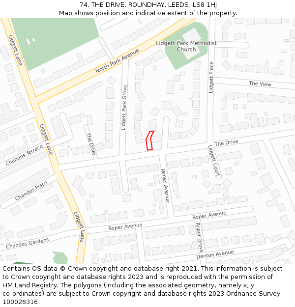 74, THE DRIVE, ROUNDHAY, LEEDS, LS8 1HJ: Location map and indicative extent of plot