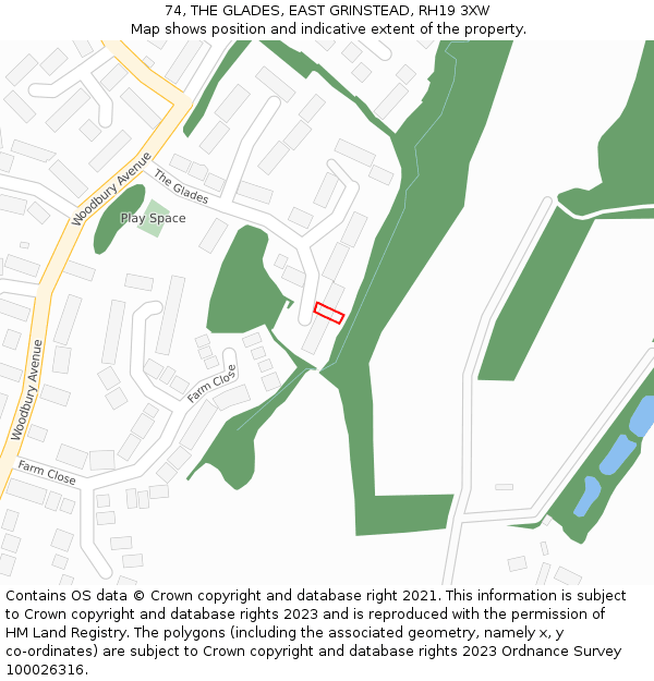 74, THE GLADES, EAST GRINSTEAD, RH19 3XW: Location map and indicative extent of plot