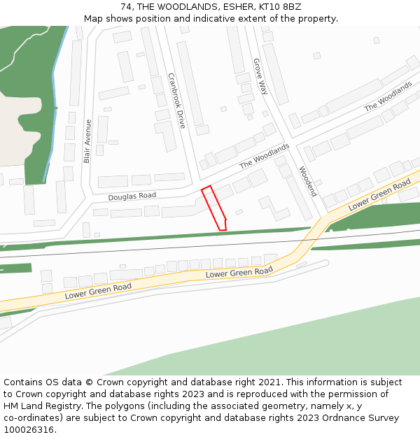 74, THE WOODLANDS, ESHER, KT10 8BZ: Location map and indicative extent of plot