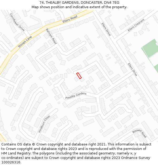 74, THEALBY GARDENS, DONCASTER, DN4 7EG: Location map and indicative extent of plot