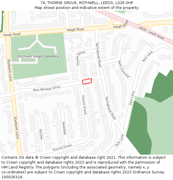 74, THORNE GROVE, ROTHWELL, LEEDS, LS26 0HP: Location map and indicative extent of plot