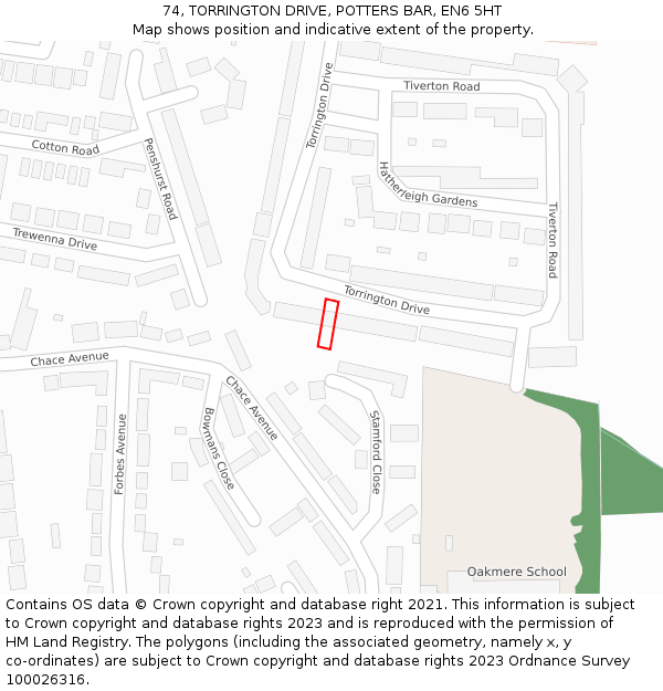 74, TORRINGTON DRIVE, POTTERS BAR, EN6 5HT: Location map and indicative extent of plot