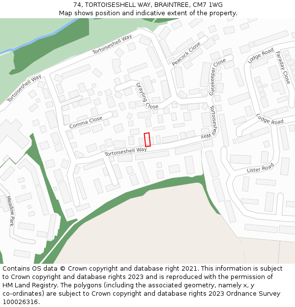 74, TORTOISESHELL WAY, BRAINTREE, CM7 1WG: Location map and indicative extent of plot