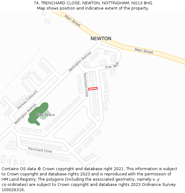 74, TRENCHARD CLOSE, NEWTON, NOTTINGHAM, NG13 8HG: Location map and indicative extent of plot
