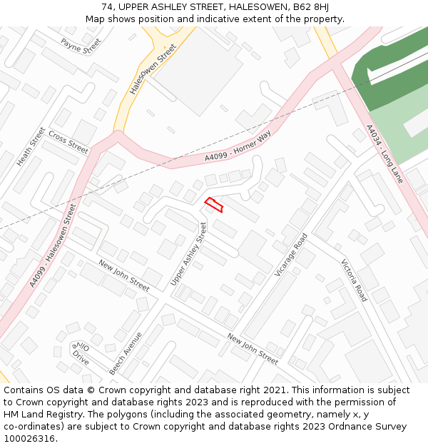 74, UPPER ASHLEY STREET, HALESOWEN, B62 8HJ: Location map and indicative extent of plot