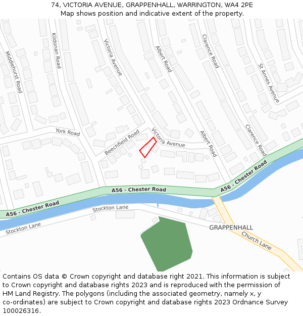 74, VICTORIA AVENUE, GRAPPENHALL, WARRINGTON, WA4 2PE: Location map and indicative extent of plot