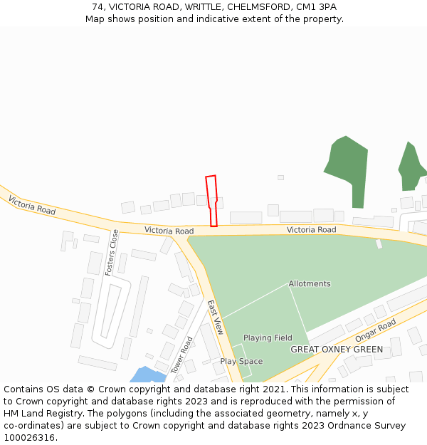 74, VICTORIA ROAD, WRITTLE, CHELMSFORD, CM1 3PA: Location map and indicative extent of plot