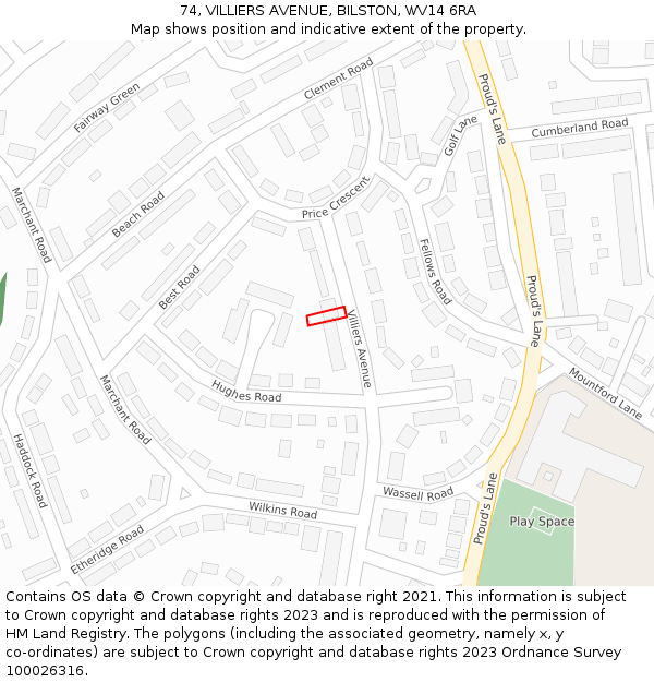 74, VILLIERS AVENUE, BILSTON, WV14 6RA: Location map and indicative extent of plot