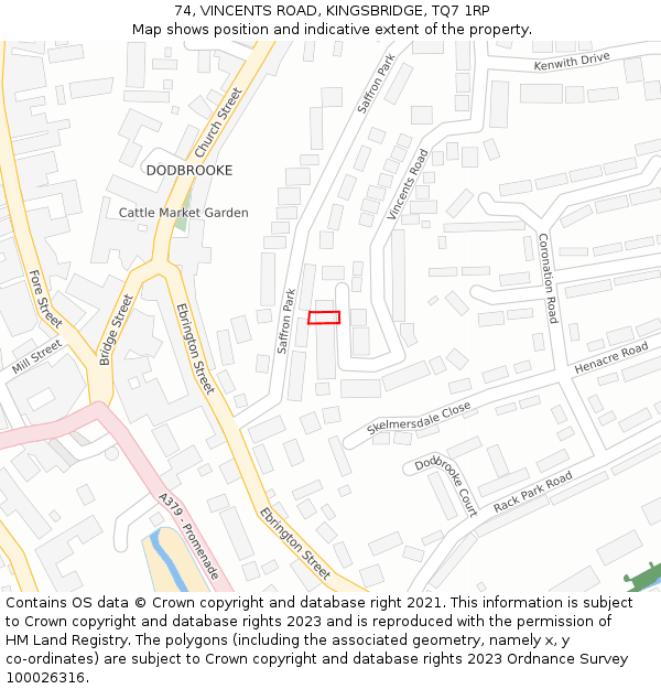 74, VINCENTS ROAD, KINGSBRIDGE, TQ7 1RP: Location map and indicative extent of plot