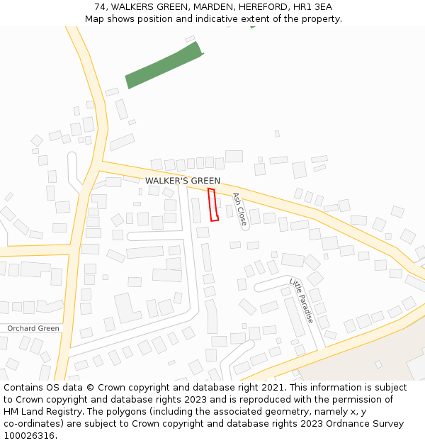 74, WALKERS GREEN, MARDEN, HEREFORD, HR1 3EA: Location map and indicative extent of plot