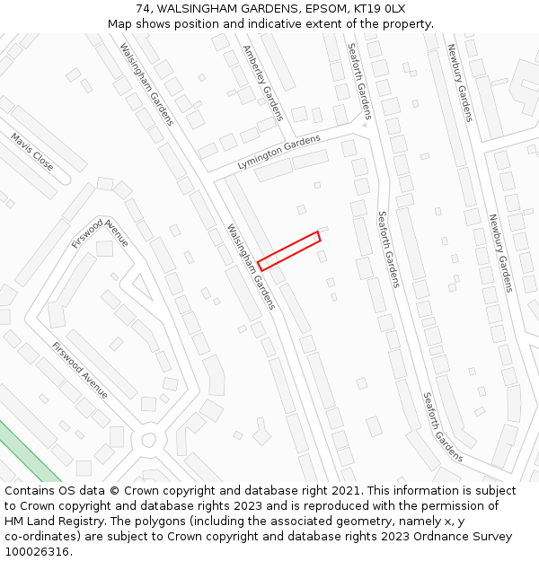 74, WALSINGHAM GARDENS, EPSOM, KT19 0LX: Location map and indicative extent of plot