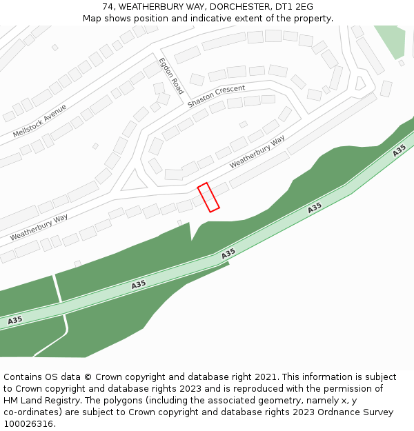 74, WEATHERBURY WAY, DORCHESTER, DT1 2EG: Location map and indicative extent of plot