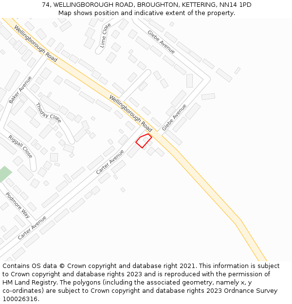 74, WELLINGBOROUGH ROAD, BROUGHTON, KETTERING, NN14 1PD: Location map and indicative extent of plot