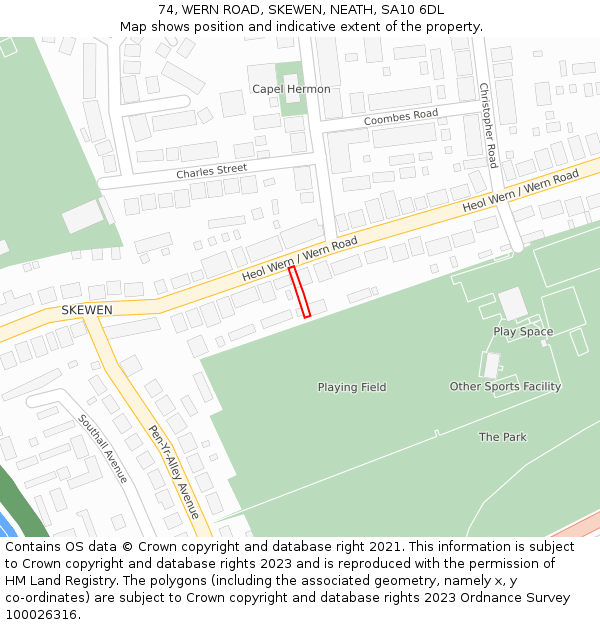 74, WERN ROAD, SKEWEN, NEATH, SA10 6DL: Location map and indicative extent of plot