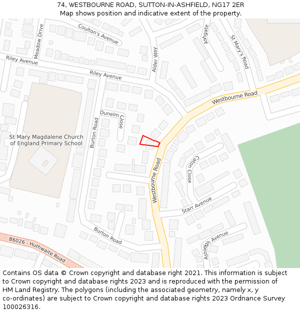 74, WESTBOURNE ROAD, SUTTON-IN-ASHFIELD, NG17 2ER: Location map and indicative extent of plot