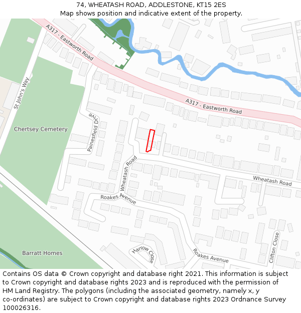 74, WHEATASH ROAD, ADDLESTONE, KT15 2ES: Location map and indicative extent of plot