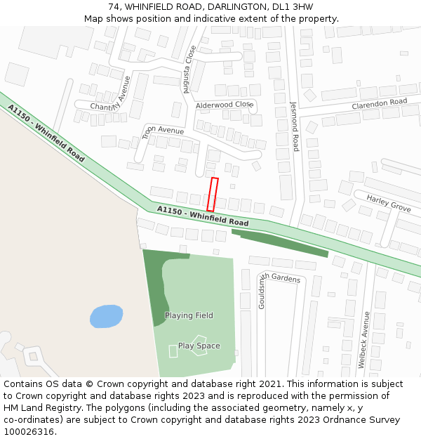 74, WHINFIELD ROAD, DARLINGTON, DL1 3HW: Location map and indicative extent of plot