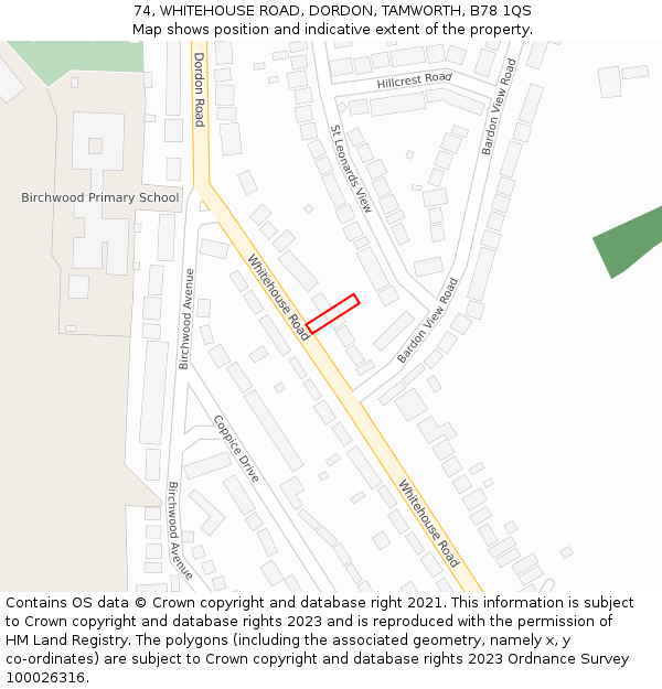 74, WHITEHOUSE ROAD, DORDON, TAMWORTH, B78 1QS: Location map and indicative extent of plot