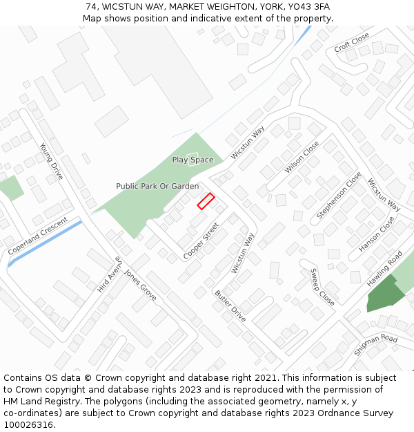 74, WICSTUN WAY, MARKET WEIGHTON, YORK, YO43 3FA: Location map and indicative extent of plot