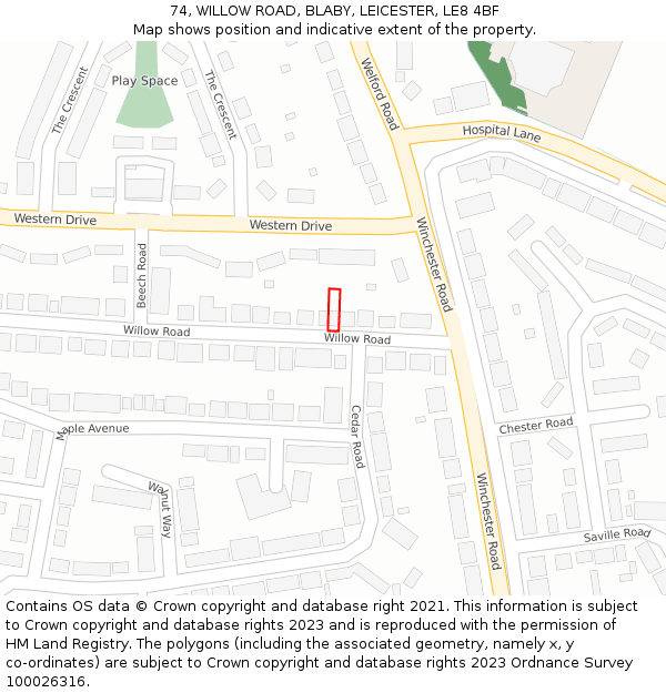 74, WILLOW ROAD, BLABY, LEICESTER, LE8 4BF: Location map and indicative extent of plot