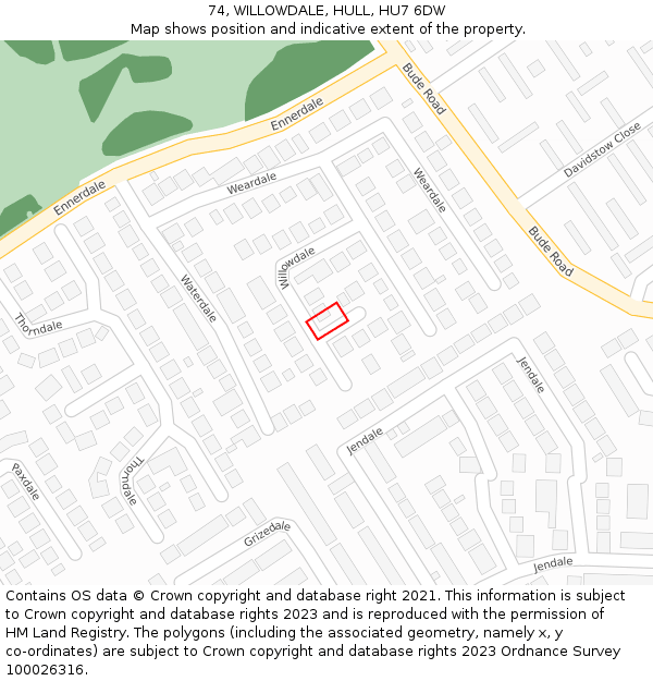 74, WILLOWDALE, HULL, HU7 6DW: Location map and indicative extent of plot